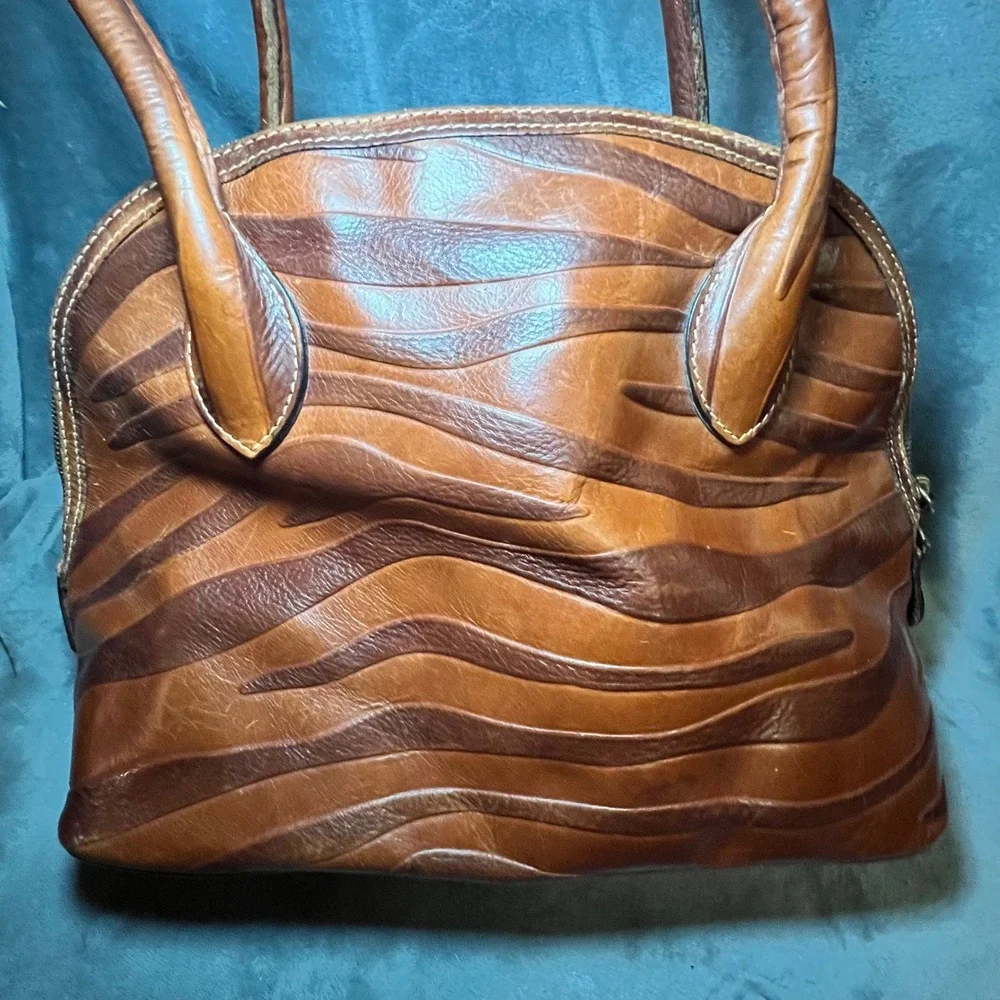 Dooney Bourke Leather Zebra Embossed Satchel Brown Shoulder Bag Large 90's - Picture 8 of 16